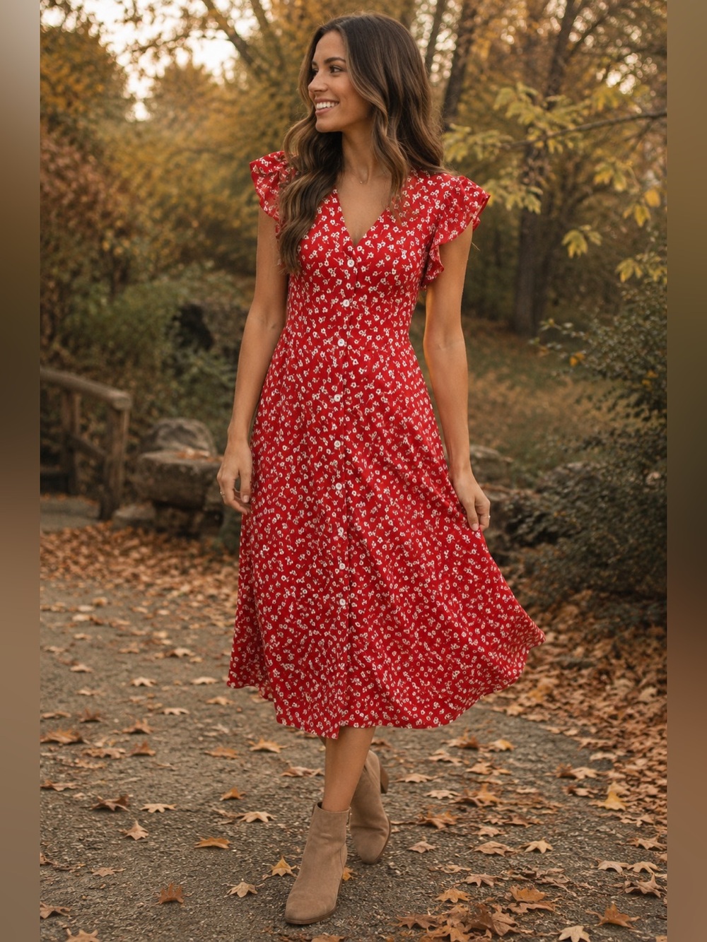 Red floral midi dress ruffle sleeve button front cottagecore romantic fall dress